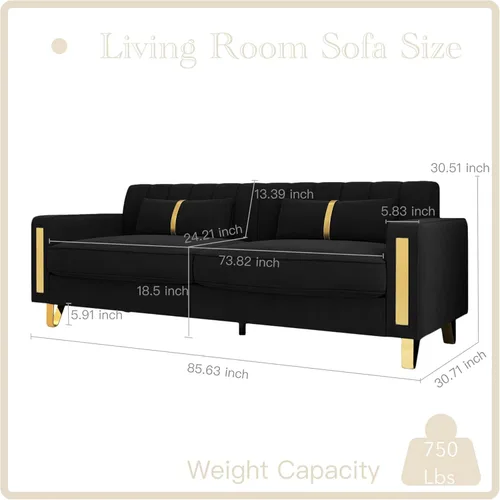 Vista 28 de Sofá moderno de terciopelo de 85.63 pulgadas con patas de metal dorado, tapizado grande de mediados de siglo, moderno, cómodo, sofás de 3 plazas