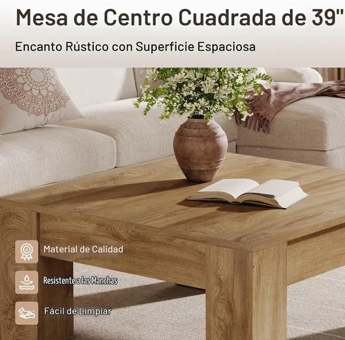 Vista 6 de Tribesigns Mesa auxiliar cuadrada de madera de 39 pulgadas con patas resistentes, mesa central rústica para sala de estar, fácil montaje, marrón