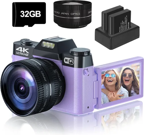 Cámara digital para fotografía, cámara de vlogging 4K 56MP para YouTube, pantalla abatible de 180° de 3 pulgadas, zoom digital y enfoque automático