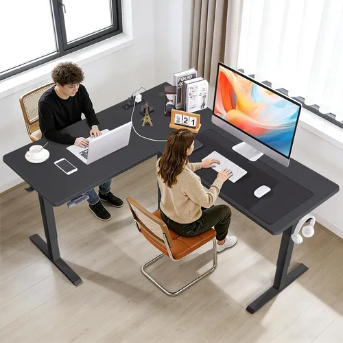 Vista 9 de 63” L Shaped Standing Desk with Charging Station,Supports Left and Right Swapping,Electric Height Adjustable Corner Stand Up Desk.Free Hook