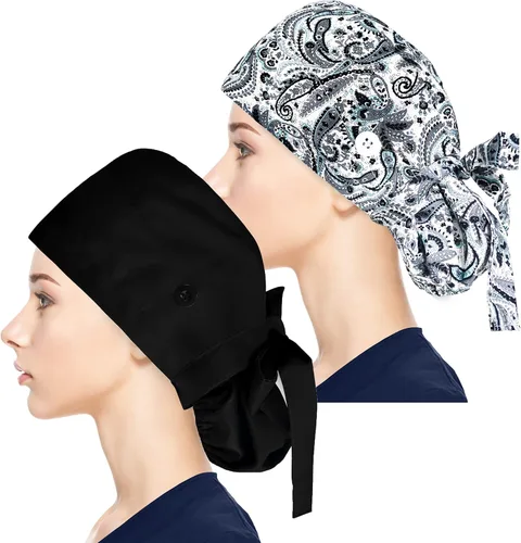 Vista 7 de Fesciory - Gorras de trabajo ajustables con botón y banda para el sudor, gorras con bolsa para cola de caballo para mujer, para cabello largo