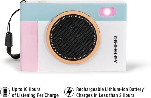 Vista 2 de Crosley CR3051A-WH Flashback Altavoz Bluetooth portátil retro con luces LED, diseño de cámara vintage, blanco