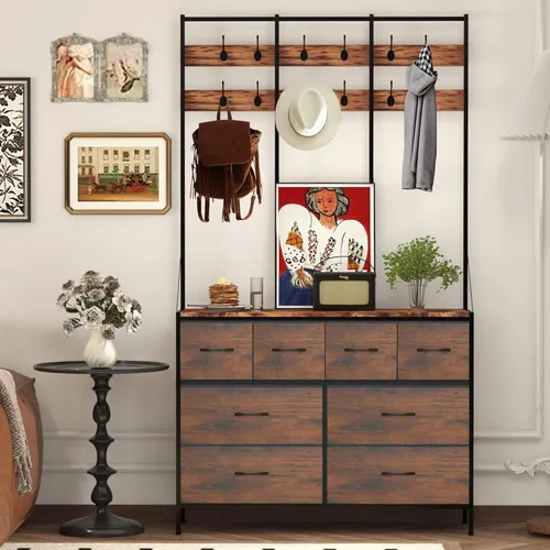 Vista 5 de SENSWEET Cómoda de 8 cajones, cómodas altas para dormitorio, cómodas de tela grandes y cómodas para sala de estar, cómoda marrón con estante