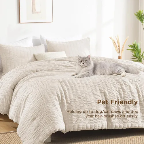 Vista 5 de AveLom Juego de edredón de seersucker beige tamaño individual (68 x 90 pulgadas), 2 piezas - 100% microfibra lavada suave, edredón liviano con 2