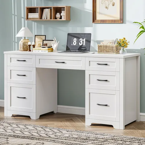 Vista 6 de Vabches Farmhouse 61'' Executive Desk with 7 Drawers, Rustic Office Desk Computer Table with File Drawers, Wood Workstation for Home Office and