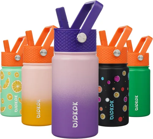 Vista 86 de BJPKPK Botella de agua con tapa con pajilla, botella de agua aislada de 15 onzas, botellas de agua de metal de acero inoxidable, termo reutilizable