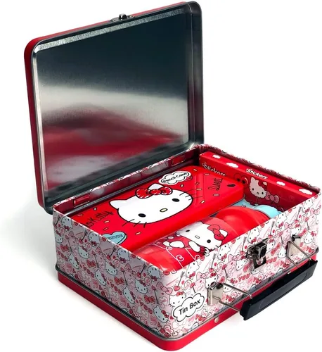 Vista 4 de Juego de regalo de Hello Kitty: caja de lata de almuerzo de Hello Kitty, botella de agua, rompecabezas, calcomanías y estuche para lápices.