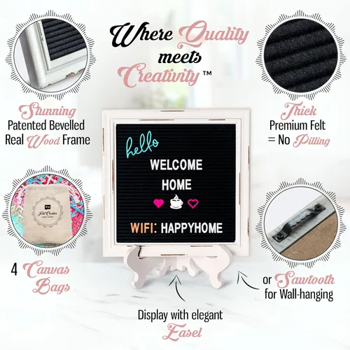 Vista 2 de Paquete definitivo de tableros de letras de fieltro rústico Farmhouse Vintage con marco de madera blanca y soporte de Felt Creative Home Goods