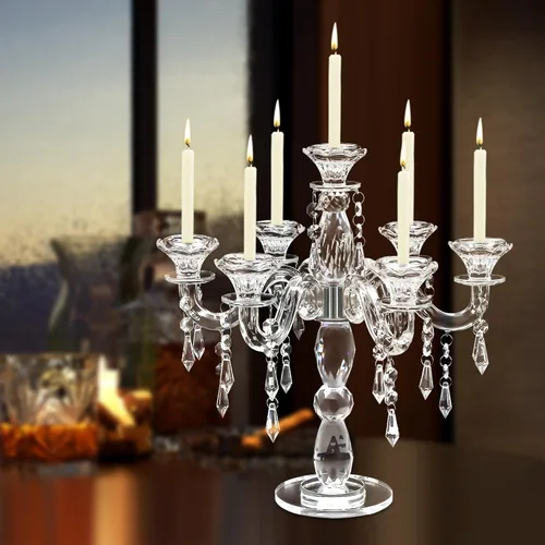 Portavelas de cristal, candelabro Crystall, centro de mesa moderno de 7 brazos, candelabro cónico de cristal, centro de mesa de boda familiar, 14