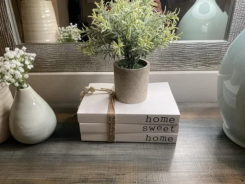 Vista 2 de Libro decorativo blanco, libros decorativos de granja, libro de tapa blanda para decoración moderna, hogar (juego de 3) libros apilados para decorar