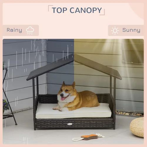 Vista 5 de PawHut Casa de mimbre para perros al aire libre con toldo, cama de ratán para perro con cojín resistente al agua, cama elevada para mascotas