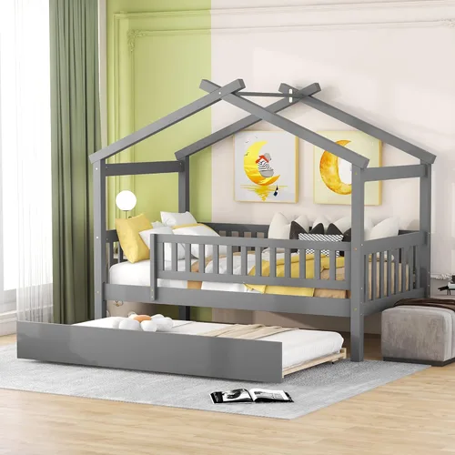 Vista 185 de Merax Cama de madera de tamaño individual con dos cajones, marco de cama de madera con techo para niños, adolescentes, niños o niñas, gris