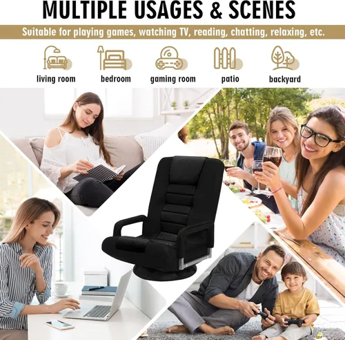 Vista 9 de Silla de juegos giratoria de piso con reposabrazos, sofá reclinable plegable de video con 6 posiciones ajustables, respaldo acolchado y cojín, sofá