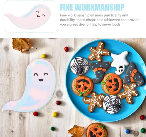 Vista 5 de 40 platos de fiesta de Halloween, platos de papel desechables con forma de fantasma, plato de postre temático de Halloween, bandeja para tartas