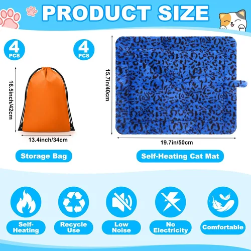 Vista 2 de Riakrum Paquete de 4 alfombrillas de cama autocalentables para gatos, estampado de leopardo, manta térmica de doble cara con bolsas