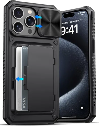 Vista 80 de ATATOO Funda para iPhone 16, tarjetero integrado (almacena 3-5 tarjetas) y protector de cámara deslizante, protección de grado militar, bonita funda