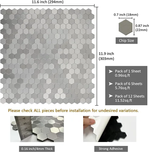 Vista 2 de Protector contra salpicaduras de acero inoxidable hexagonal despegar y pegar, azulejos de pared autoadhesivos de aluminio despegar y pegar