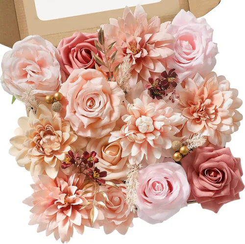 Vista 32 de Serwalin Flores artificiales, rosas polvorientas, flores de seda falsas para bricolaje, ramos de novia, rosas falsas rosas, combinados, centros