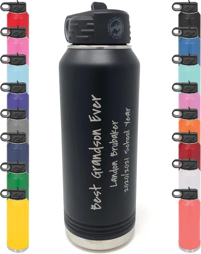 Botella de agua personalizada con recubrimiento en polvo de 32 onzas, de acero inoxidable con doble pared aislada al vacío, grabado personalizado