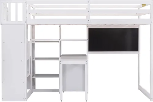 Vista 10 de Cama loft multifuncional de tamaño matrimonial con escritorio integrado, 6 cajones de almacenamiento y estante, marco de cama de madera con escalera