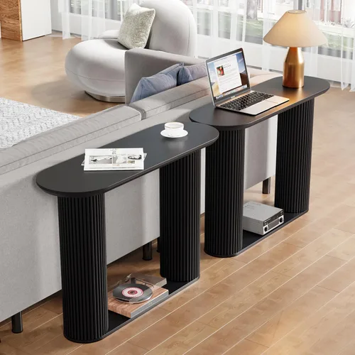 Vista 5 de Mesa Consola Acanalada, Mesa de Entrada Estilo Granja con Almacenamiento y Patas de Madera Acanalada, Mesa de Sofá Estrecha, Mesa de Entrada Pequeña