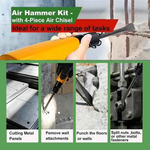 Vista 8 de Kit de martillo neumático, con cincel de aire de 5 piezas, herramienta de martillos neumáticos con reducción de vibración para trabajos metálicos