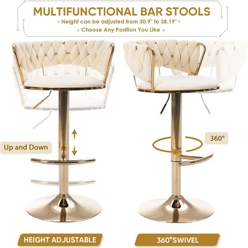 Vista 36 de Juego de 2 taburetes de bar giratorios de terciopelo, taburete de bar ajustable con respaldo tejido, sillas de comedor tapizadas, taburetes de bar