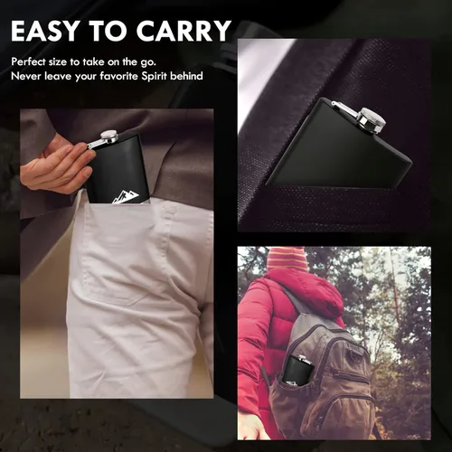 Vista 4 de KWANITHINK Frasco de cadera para licor para hombres, frasco de whisky de acero inoxidable de 8 onzas con tapa y embudo integrados, para acampar al