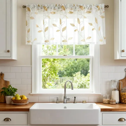 Vista 26 de VOGOL - Volante de bolsillo con diseño liso para barra, cortinas transparentes para ventanas de la cocina, volantes con paneles bordados para Borlas