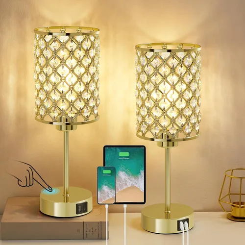 Vista 15 de Lámpara de mesa de cristal GyroVu para dormitorio, lámpara de mesita de control táctil con puertos USB-C+A, lámpara de noche regulable dorada