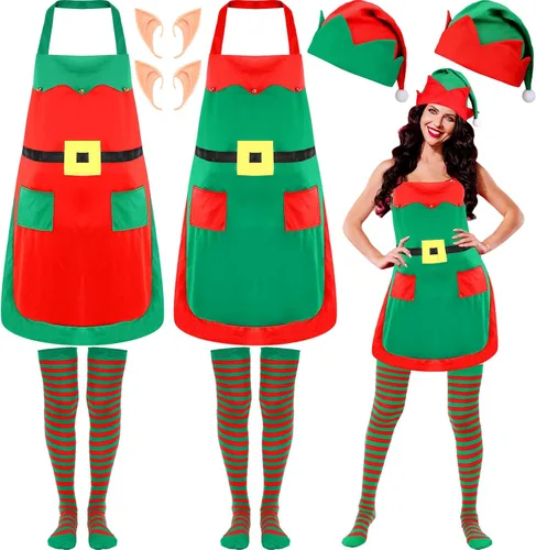 Suhine Juego de 8 accesorios de disfraz de elfo de Navidad, delantal de elfo rojo y verde, medias a rayas, sombrero de elfo, orejas de elfo para