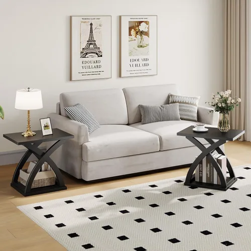 Vista 5 de ChooChoo - Mesa auxiliar lateral, mesa auxiliar moderna con estante de almacenamiento, mesa auxiliar de diseño en X para sala de estar (Negro)