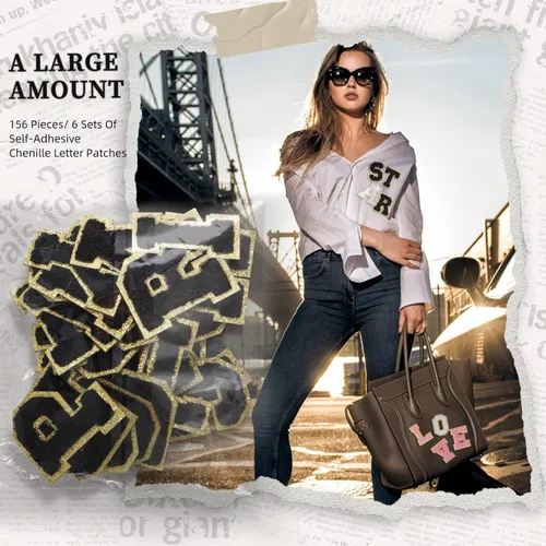 Vista 5 de 156 parches de letras de chenilla autoadhesivas, 6 parches de trébol pedregoso de la A a la Z, parches de letras de felpilla para bricolaje, bolsas
