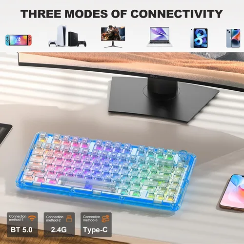 Vista 4 de Teclado mecánico transparente, teclados cremosos inalámbricos retroiluminados RGB, diseño acrílico transparente personalizable de intercambio