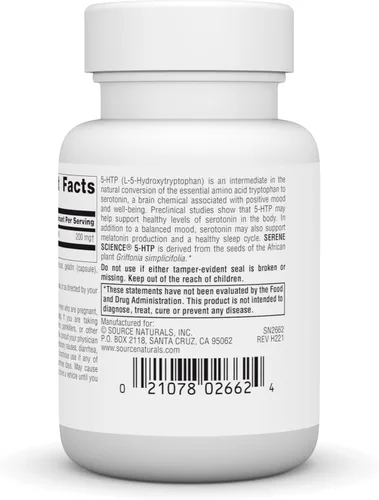 Vista 3 de Source Naturals Serene Science 5-HTP, suplemento dietético sin OMG, 200 mg - 30 cápsulas