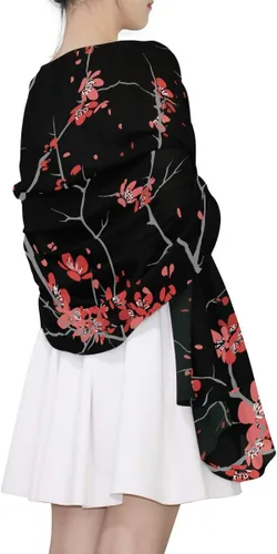 Vista 4 de Alaza - Bufanda larga de seda para mujer con diseño de flor de cerezo, color rojo
