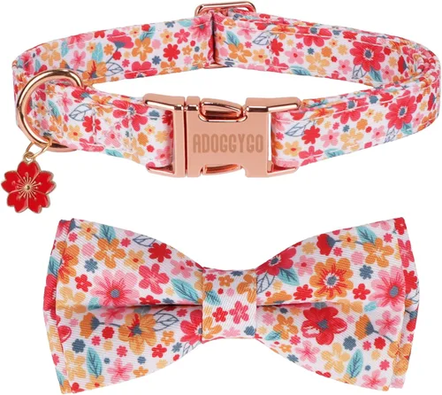 Vista 10 de ADOGGYGO Collar de perro floral con lazo, hebilla de metal, collar ajustable con lazo floral de rosa roja para perros extra pequeños (XS)