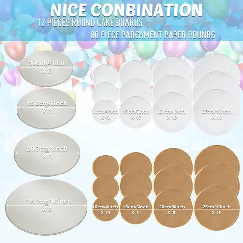 Vista 3 de Boao Kit de 112 piezas de bases para pasteles resistentes redondas de 4, 6, 8, 10 pulgadas con papel pergamino redondo y varillas separadoras