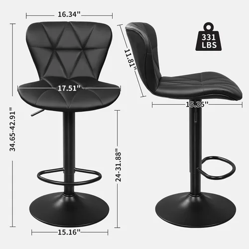 Vista 4 de ERGOSEAT Juego de 2 taburetes de bar de altura de mostrador de 24 pulgadas Parte trasera de metal - Negro