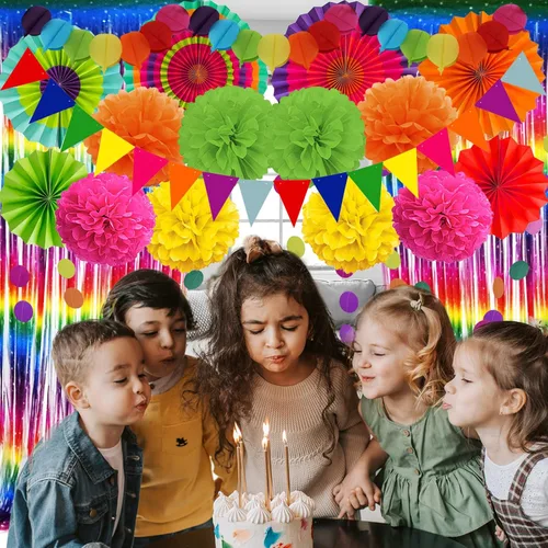 Vista 7 de ZERODECO Juego de decoración de fiesta para fanáticos de papel, multicolor, pompones de Cinco de Mayo, guirnalda de banderines, banderines