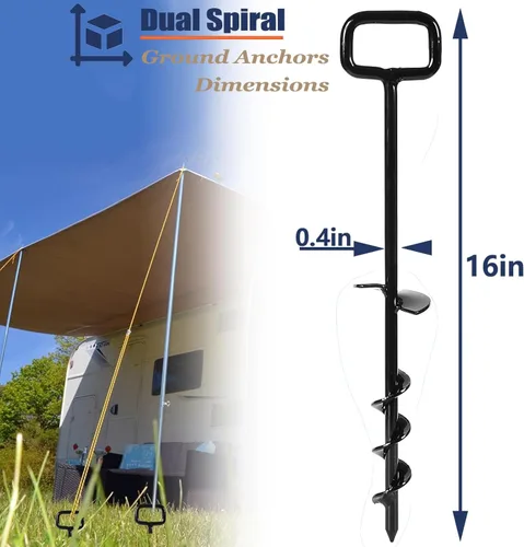 Vista 4 de Estacas de tienda de campaña de 16 pulgadas con 6 adaptadores resistentes, anclajes de tierra de tornillo, kit de enderezamiento de árboles, Negro