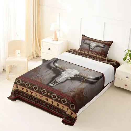 Vista 2 de Erosebridal Western Aztec Sheets Twin Brown Bull Skull Bed Sheets Set Southwestern Boho Sheet Set for Boys Girls Rustic Farmhouse Bed Sets 3Pcs