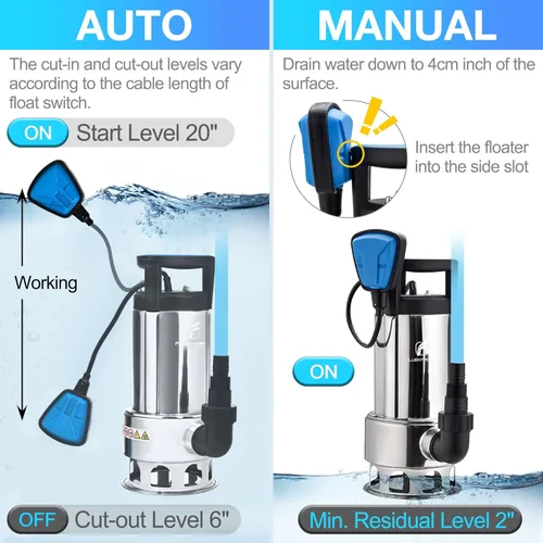 Vista 5 de FLUENTPOWER Bomba de sumidero de acero inoxidable de 1HP de 4000 GPH, bomba sumergible de acero inoxidable, drenaje de agua sucia para sótano