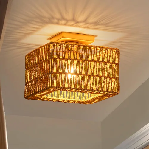 Vista 2 de Rpzloila Lámpara de techo de ratán, lámpara bohemia dorada, lámpara de techo cuadrada de montaje empotrado para dormitorio, pasillo, entrada