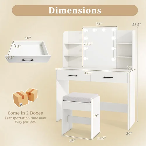 Vista 23 de CHARMAID Juego de mesa de tocador con espejo iluminado, 8 bombillas, cajón grande, estante de almacenamiento de mesa, escritorio moderno