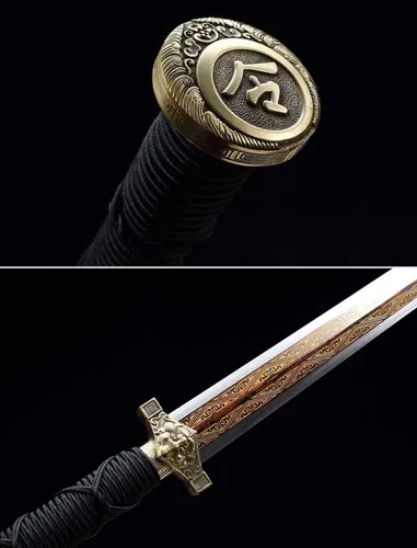 Vista 2 de LOONGSWORD Espada china, Dragon Han Jian espadas reales (forjado damasco caldo, accesorios de latón) afilada