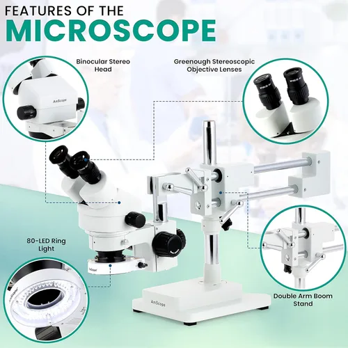 Vista 2 de AmScope SM-4B-80S Microscopio de zoom estéreo binocular profesional, ocular WH10x, aumento 7X-45X, objetivo de zoom 0.7X-4.5X, anillo de luz LED