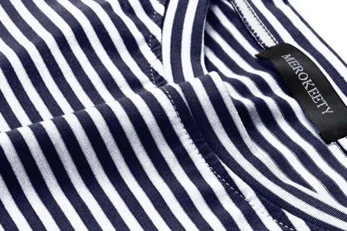 Vista 5 de MEROKEETY - Vestido de verano con manga corta, a rayas, casual, cinturón de amarrar y bolsillos para mujer