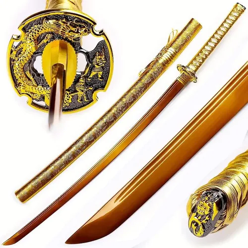 Vista 4 de Katana de dragón de oro hecha a mano de acero de alto carbono, espada samurái japonesa de espiga completa, espada realmente afilada lista