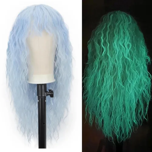FREE BEAUTY Peluca que brilla en la oscuridad con flequillo para mujer, peluca de cabello ondulado de 26 pulgadas de largo, peluca azul, peluca de